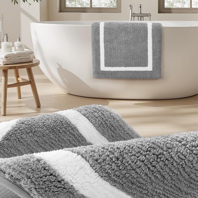 HOMEIDEAS Bathroom Rugs Sets 2 Piece, Super Soft and Absorbent Microfiber Tufted Bath Mats, Non-Slip and Machine Washable Bath Rugs(Light Grey)