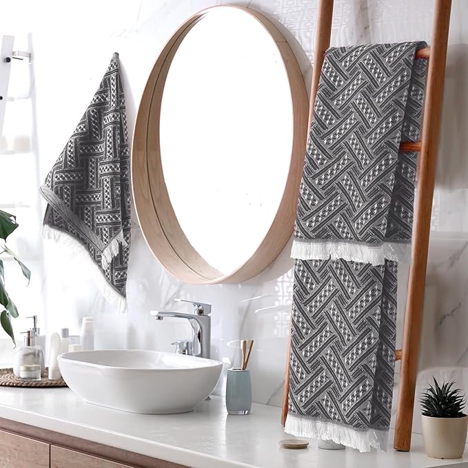4 Pack Boho Bathroom Hand Towel 14 x 30 Inch 100% Turkish Cotton Decorative Boho Kitchen Hand Towel Farmhouse Bathroom Decor Set Absorbent Soft Guest Tea Gift(Gray,White)