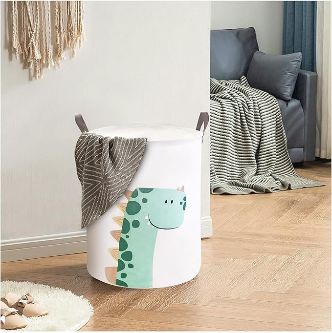 Mziart Kids Laundry Basket for Girls Boys, Cute Baby Laundry Hamper Waterproof Collapsible Large Storage Basket Nursery Toy Bin Home Decor Gift Baskets for Bathroom Bedroom 19.7 Inch (Green Dinosaur)