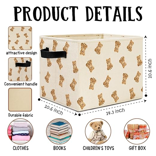 Cute Bear Kids Storage Bins Box with Handles, Bear Nursery Decor, Brown Bears Animal Laundry Basket Hamper Collapsible Clothes Toys Organizer for Kids Room Nursery Playroom Bathroom