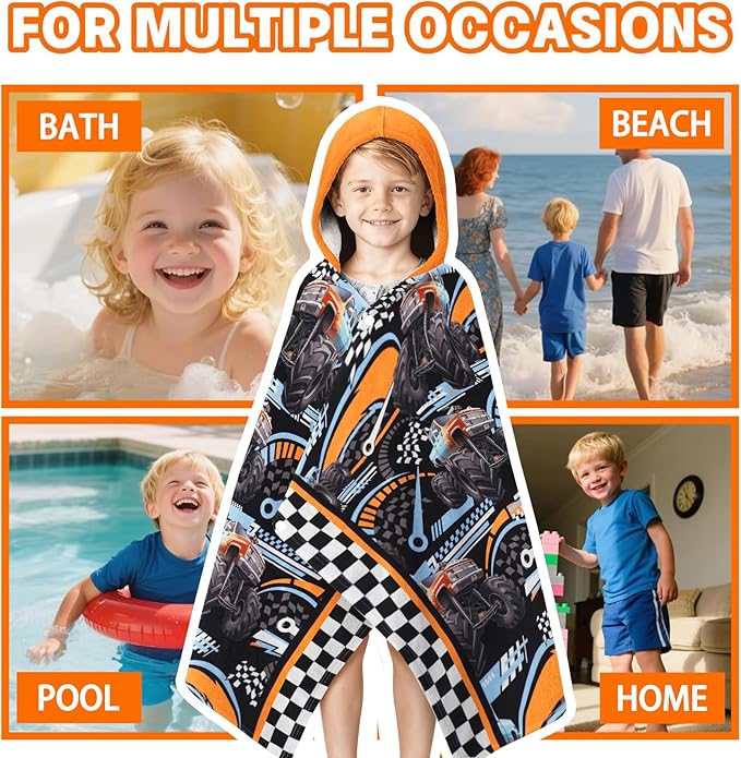 Hooded Poncho Towels for Kids - Ultra Soft 100% Cotton Truck Toddler Hood Bath Towels/Pool Terry Towel Beach Poncho Wrap Absorbent Cute Bath & Swim Wrap Gift for Boys & Girls 3-10 Years - Black