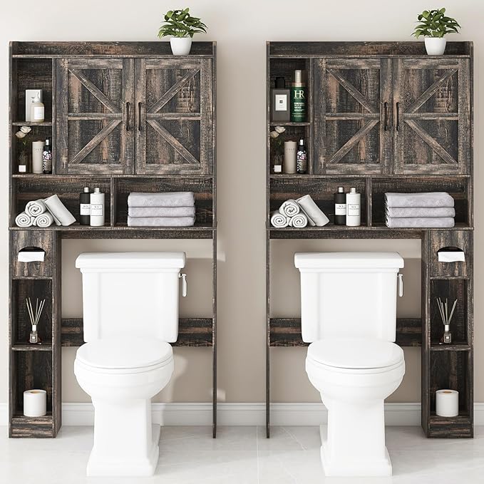Over The Toilet Storage Cabinet, Farmhouse Storage Cabinet Over Toilet with 2 Barn Doors & Toilet Paper Holder Stand,Home Space-Saving Toilet Rack, for Bathroom, Restroom, Laundry