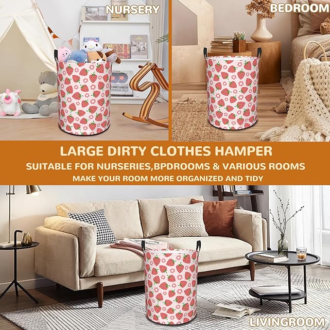 Pink Strawberry Large Storage Basket,Vintage Groovy Flower Laundry Hamper/Bathroom/Home Decor/Collapsible Round Storage Bin,Boys Girls Dirty Clothes Hamper/Boxes/Toys Storage 16x20 Inch