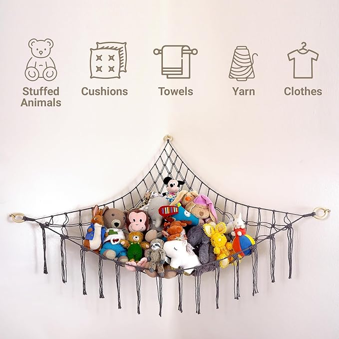 Large Stuffed Animal Hammock Corner - Stuffed Animal Storage - 100% Natural Cotton Macrame Stuffed Animal Net - Stuff Animal Organizer - Net for Stuffed Animals Corner Large-Gray