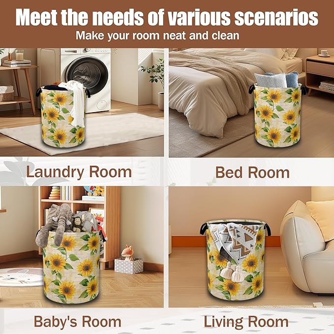 Vintage Sunflowers Laundry Hamper,Yellow Floral Collapsible Laundry Baskets Waterproof Oxford Cloth With Handles,Clothes Storage Bucket Toy Organizer For Bathroom/Nursery/Bedroom 16" x 20.8"