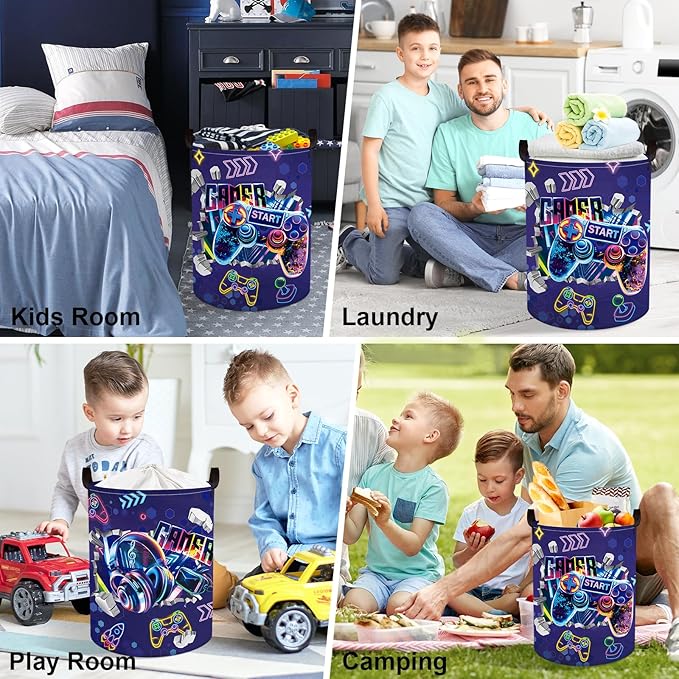 Clastyle Cool Game Storage Basket Kid Game Controller Clothes Laundry Hamper Collapsible Boy Toy Box for Nursery Palyroom,3D Purple,36 * 45 cm