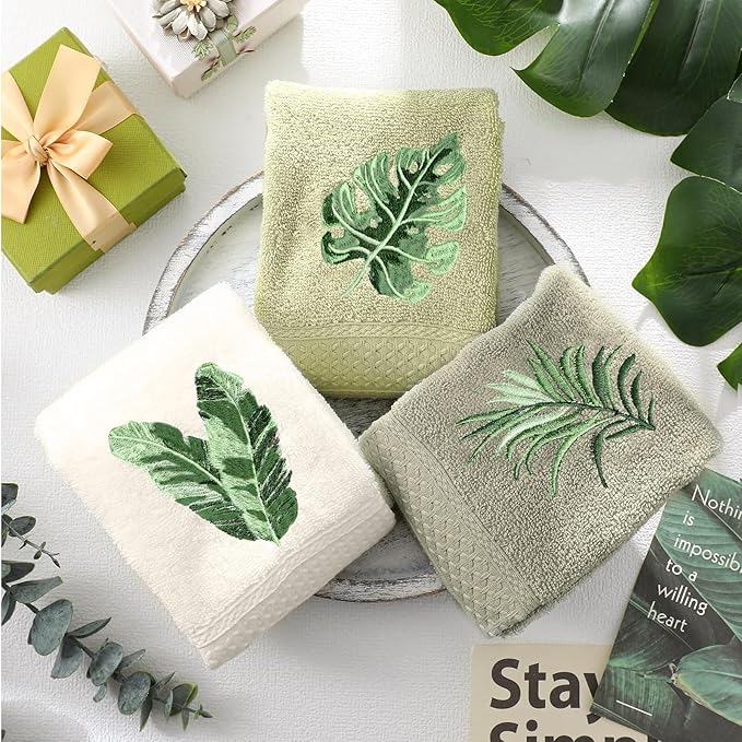 3 Pcs Sage Green Hand Towels Tropical Bathroom Decor Farmhouse Embroidered Sage Green Monstera Banana Palm Leaf Decorative Towels for Bathroom Kitchen, 100% Cotton, 13.4 x 29''