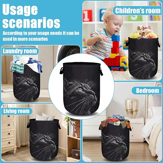 Black Cat Stars Night Laundry Basket, Laundry Hamper Collapsible Oxford Cloth with Handle Clothes Toy Storage Bin for Bathroom Laundry Room Bedroom 15.7 X 20 Inch