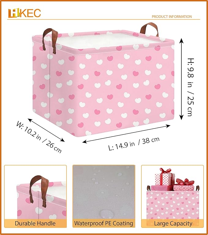 Rectangle Pink Storage Basket Empty with Handles for Kids,Cute Organizer Toy Bin,Gift Basket for Girls/Kids(Pink Cute Heart)
