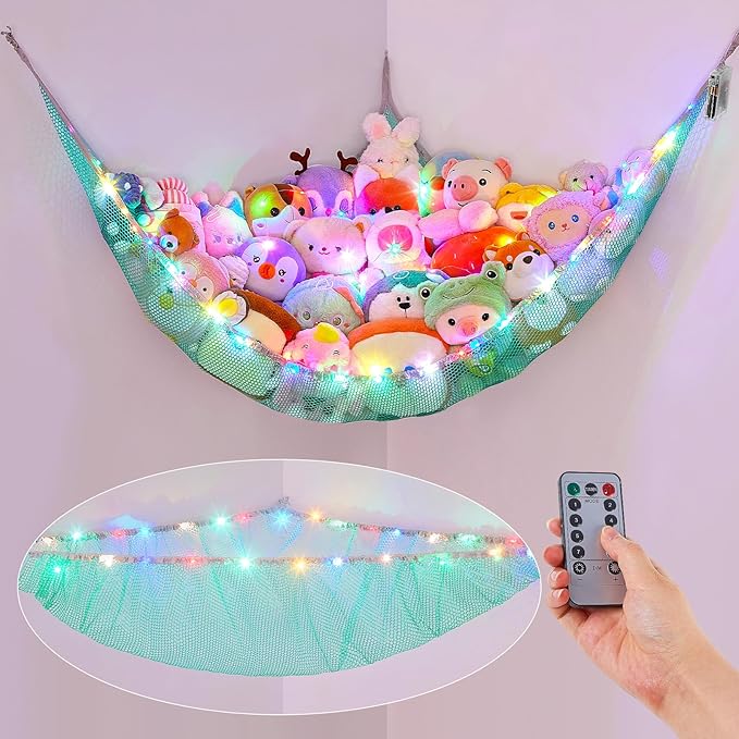 Basumee Stuffed Animals Net or Hammock with LED Light Hanging Toy Net Hammock for Stuffed Animals Storage Stuff Animals Hammocks for Nursery Room with Remote Control, 8 Kinds of Lights(Pack of 1)