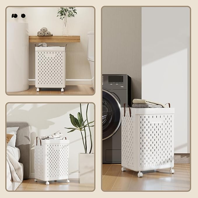 UAK Plastic Laundry Basket with Wheels & Handle, 67L Heavy Duty Foldable Laundry Hamper – Easy Clean Waterproof Rolling Organizer for Bathroom & Laundry Room, White