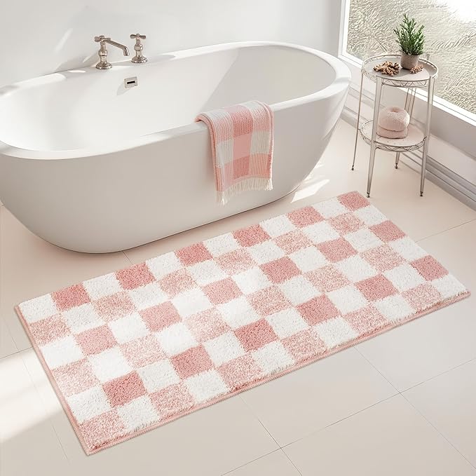 GRANNY SAYS Checkered Pink Bathroom Rugs Decor, 48" x 24", Fluffy Rug, Absorbent Microfiber Ultra Soft Bath Mat Washable, Non-Slip Bath Mats for Bathroom, Cute Floor Mat for Tub, Shower, Bedroom