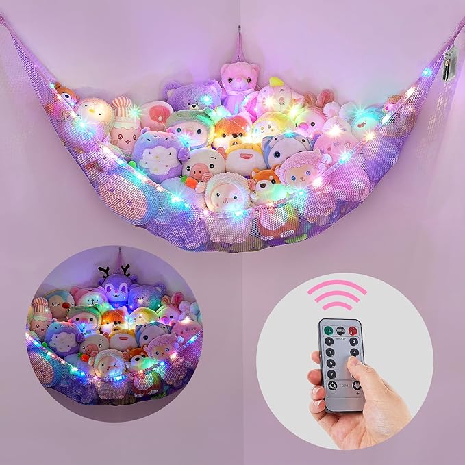Basumee Stuffed Animals Net or Hammock with LED Light Hanging Toy Net Hammock for Stuffed Animals Storage Stuff Animals Hammocks for Nursery Room with Remote Control, 8 Kinds of Lights(Pack of 1)