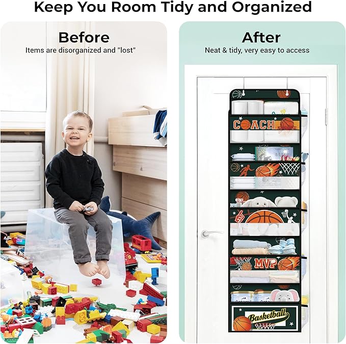 Clastyle Ball Over The Door Organizer Star Nursery Hanging Storage Organizer for Boys Clothes Diaper Toy Closet Door Hanging Shelf Storage for Bedroom Bathroom Pantry, Basketball, 5-Tier