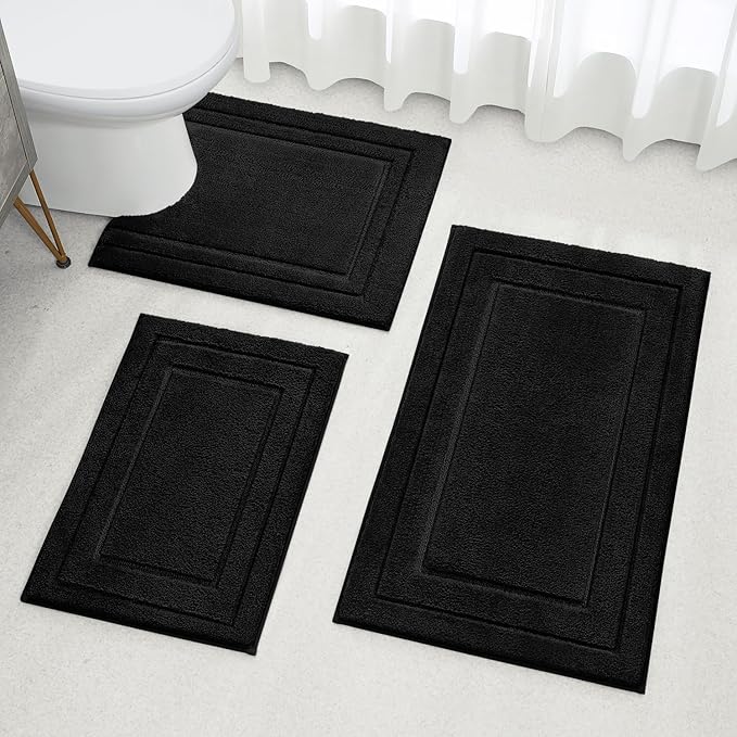 HOMEIDEAS Bathroom Rugs Sets 3 Piece, Super Soft and Absorbent Non Slip Microfiber Toilet Bath Mat with U-Shaped (Black)