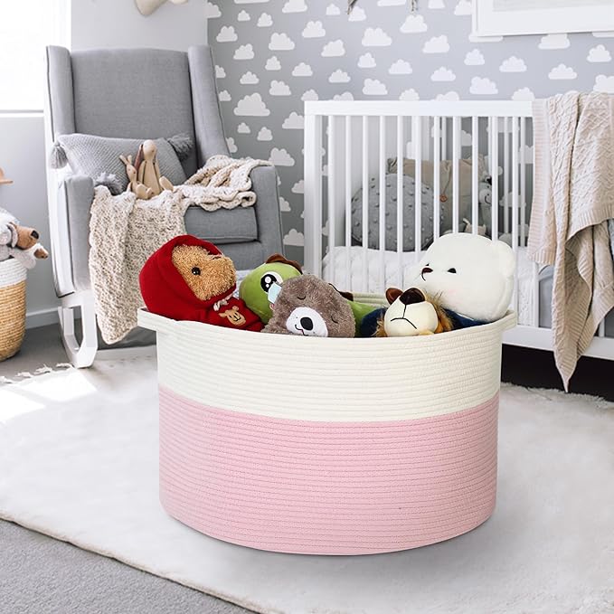 Pink Storage Baskets for Organizing, 22"X22"X14" XXXL Blanket Basket Living Room, Large Toy Basket, Soft Pink Cotton Rope Woven Baskets for Storage, Decorative Gifts Basket Bins for Nursery