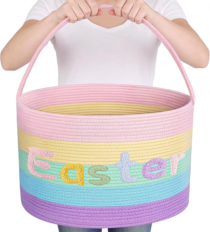 Rainbow Easter Basket, Extra Large Easter Egg Hunting Basket, Woven Cotton Rope Storage Basket Laundry Basket with Handle, Soft Round Storage Bin, Blanket Basket, Empty Gift Basket, 18.5"x13"