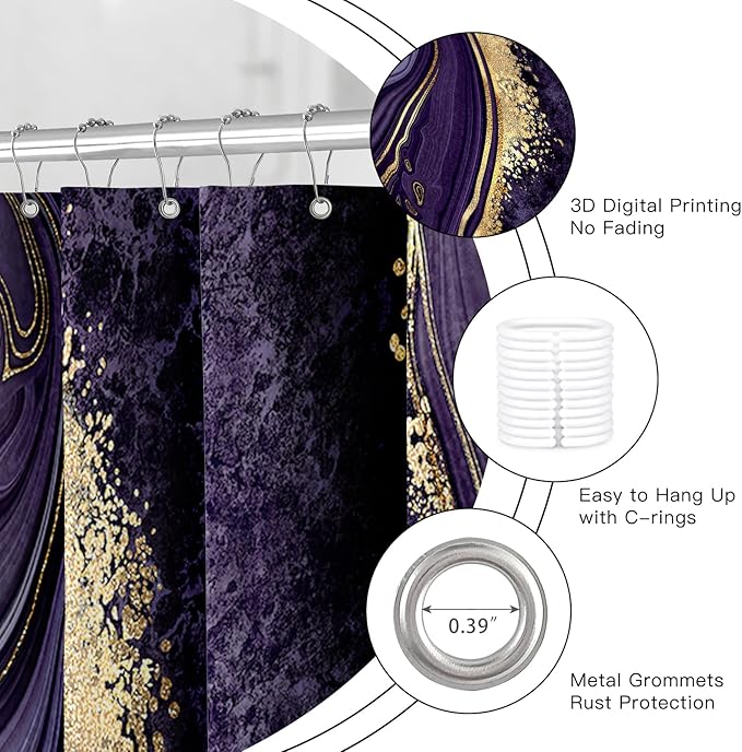 4PCS Purple Gold Marble Bathroom Sets with Shower Curtain and Rugs, Abstract Luxury Shower Curtain Sets with Rugs, Modern Bathroom Curtains Shower Set with Toilet Lid Cover