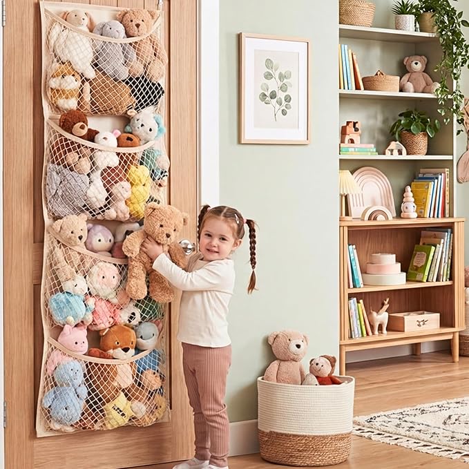 Over The Door Stuffed Animal Storage, Cotton Toy Organizer for Storage Plush Toys,Baby Supplies, Stuffed Animal Holder with 4 Large Pockets, Hanging Door Organizer for Nursery, Bedroom, Kids Room