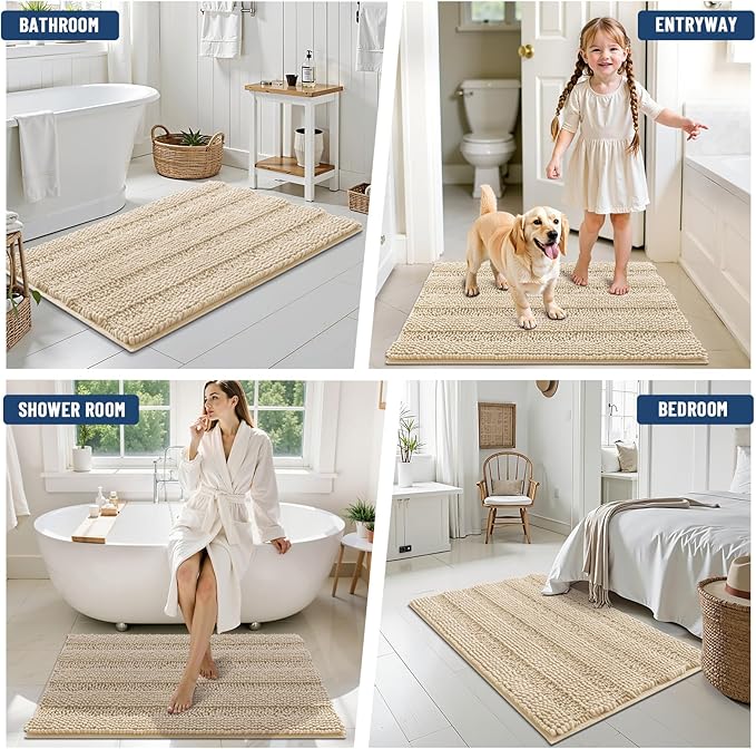 Grandaily Chenille Striped Bathroom Rugs 24x16, Extra Thick and Soft Absorbent Bath Mats, Rubber Backing, Plush Shaggy Shower Carpet, Machine Wash Dry, Bath Rug for Bathroom, Light Beige