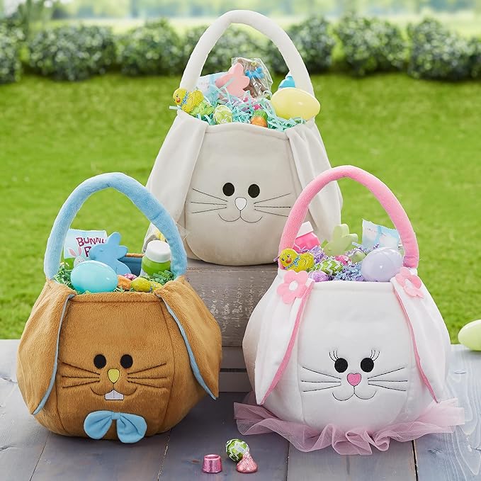 Personalization Universe Embroidered Pink Accented Easter Bunny Basket, Soft Plush Easter Egg Hunt Bag, Children's Holiday Basket