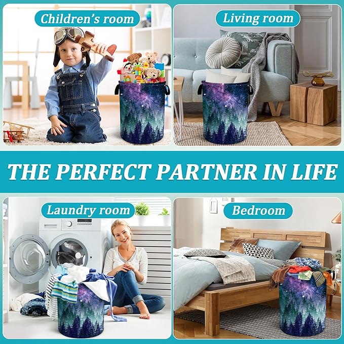 Galaxy Laundry Basket, Purple Forest Laundry Hamper Funny Tote Bag Dirty Clothes Storage Bucket Toy Organizer for Bathroom/Laundry/Bedroom 15.7"x19.6"