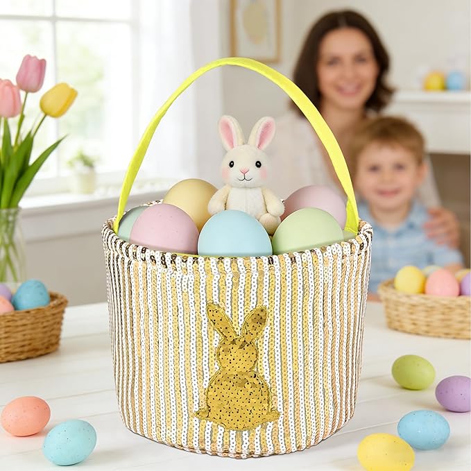 Personalized Easter Basket for Kids, Boys & Girls – Ideal for Egg Hunting & Easter Gift Storage (Yellow Sequin Bunny Basket)