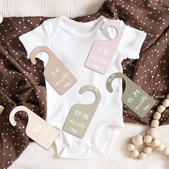 Whaline 7Pcs Earth Tone Wood Baby Closet Size Dividers with Velvet Bag Newborn to 24 Month Thicken Infant Wardrobe Hanger Organizers for Home Nursery Party Favors Supplies