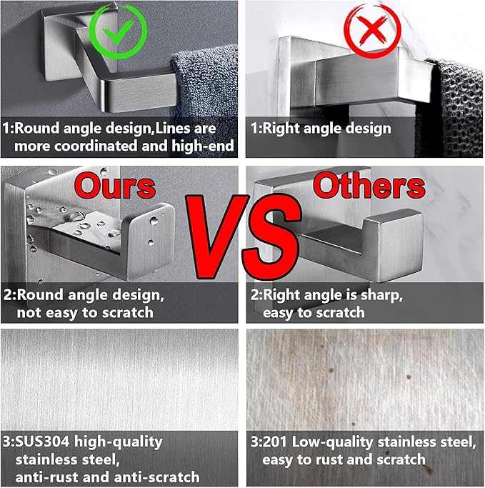 5 Pieces Brushed Nickel Bathroom Hardware Set Include 24inch Towel Bar,2pcsTowel Hooks,Toilet Paper Holder Square SUS304 Stainless Steel Bathroom Accessories Set Heavy Duty Wall Mounted