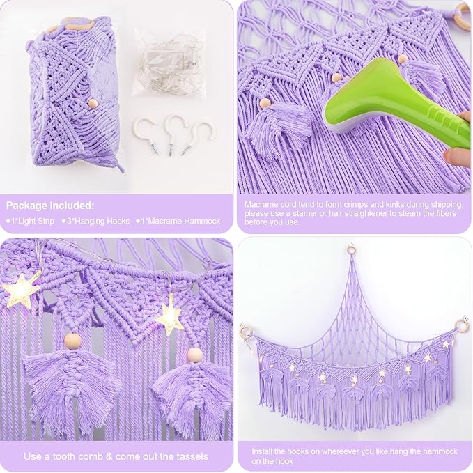 ANROYE Macrame Stuffed Animal Storage with Star Light, Bear Purple Hammock for Girls Room Decor, Corner Hanging Mesh Organizer Idea for Nursery, Plushies Toy Wall Hanging Display Holder Kid Gift