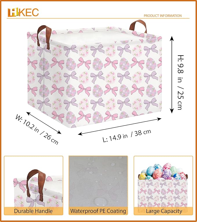 Rectangle Easter Basket Empty,Easter Gift Bakset for Kids,Easter Basket for Egg Hunting,Toys Bin with Handles,Room Decor(Bowknot Easter Basket)