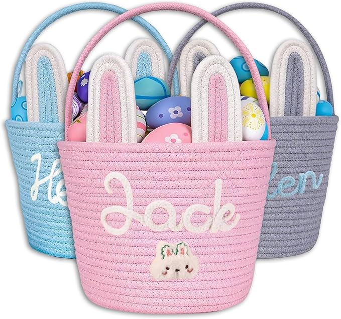 JUPPE Personzlized Easter Bunny Basket with Kids Name, Custom Easter Storage Organizer Basket Cotton Rope Nursery Decor Easter Gift (Easter Bunny)