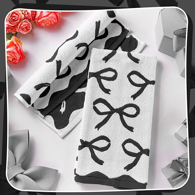 4 Pcs Black Bow Hand Towels for Bathroom 13 x 29'' Soft 100% Cotton Coquette Face Towel Valentine's Day Kitchen Decor Absorbent Preppy Bathroom Decor Bridal Shower Wedding Gift