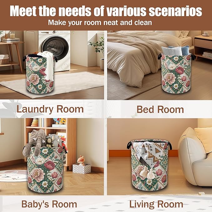 Elegant Floral Laundry Basket,Waterproof Foldable Vintage Peonies Roses Laundry Hamper,Dirty Clothes Basket, Linen Bin Storage Organizer Collection 16" x 20.8"