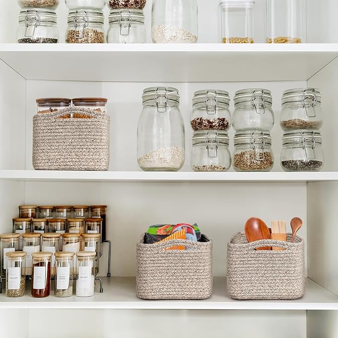 Goodpick Storage Baskets, 13 x 8 x 5 in, Closet Shelf Organizers for Gifts Empty Baskets for Shelves Dog Toy Basket Woven Baskets for Storage for Towels for Organizing 3 Pack, White & Brown