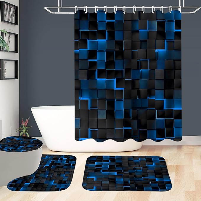 4Pcs Blue Shower Curtain Set 3D Cubes Bathroom Sets Modern Shower Curtain Set for Bathroom Sets with Rugs Black and Blue Shower Curtain with 12 Hooks
