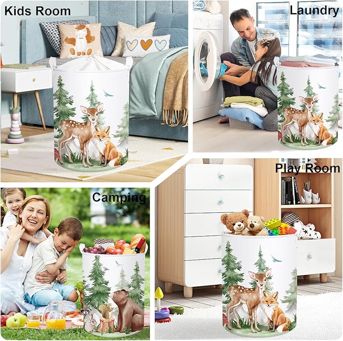 Forest Animals Baby Laundry Hamper Collapsible Clothes Kids Storage Basket Bear Fox Large Boys Girls Gift Toy Box Bin for Nursery, Deer, 63L