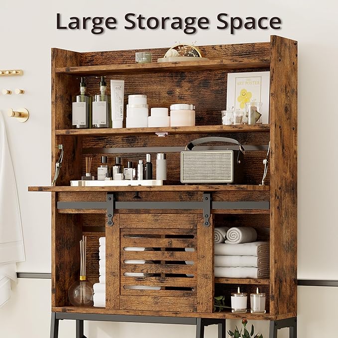 IRONCK Over The Toilet Storage with Cabinet, Sliding Barn Door, Side Storage Open Rack, Mass-Storage Over Toilet Bathroom Organizer for Bathroom, Restroom, Laundry, Vintage Brown