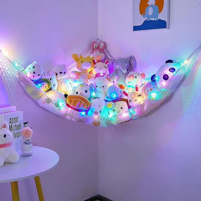Unicorn Castle Stuffed Animals Net or Hammock Kids Toy Storage Organizer with LED Light Hanging Corner Stuffed Animals Holder Kids Girls Room Decor,White,Large (Pack of 1)