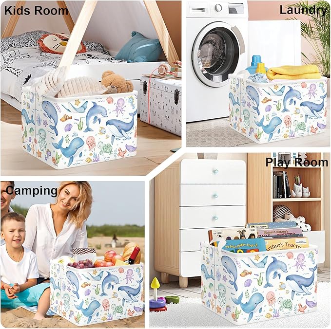 Sea Animals Laundry Hamper Ocean Fish Coral Large Storage Basket Parents Organizer Kids Clothes Toy Bins for Bedroom, Bathroom, Blue Whales, 36L