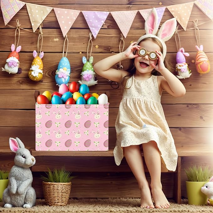 Large Cute Easter Basket for Kid Empty Gift Baby Rectangle Storage Bin Bunny Eggs Boy&Girl Room Décor (Rabbit Pink Flower Egg)