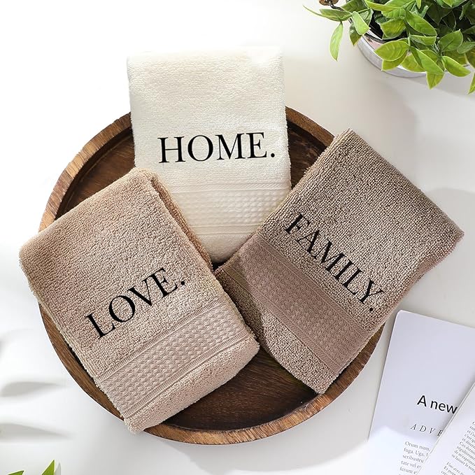 3 Pcs Home Love Family Hand Towels Farmhouse Decorative Embroidered Bathroom Hand Towels Rustic 100% Cotton Brown Hand Towels Set for Boho Bathroom Kitchen Decor