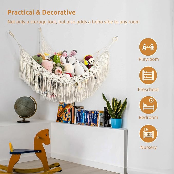 Large Stuffed Animal Net or Hammock, Stuffed Animal Storage Macrame Toy Hammock Hanging Net for Stuffed Animals Corner, Plushie Net Hammock Toy Organizer for Boho Kids Room Nursery Playroom