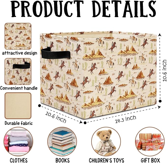 Western Rodeo Cowboy Storage Bins Box with Handles, Vintage Rustic Southwestern Cactus Desert Laundry Basket Hamper Collapsible Clothes Toys Organizer for Bedroom Bathroom Home