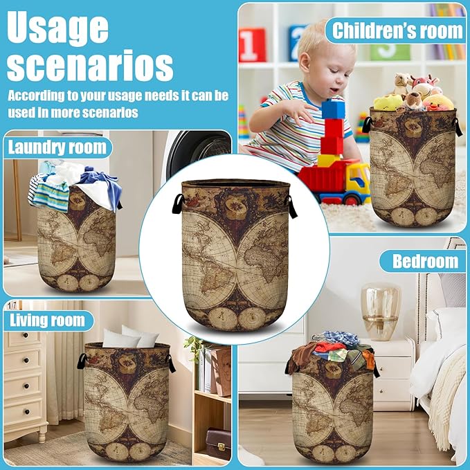 World Map Laundry Basket, Laundry Hamper Collapsible Oxford Cloth with Handle Clothes Toy Storage Bin for Bathroom Laundry Room Bedroom 15.7 X 20 Inch