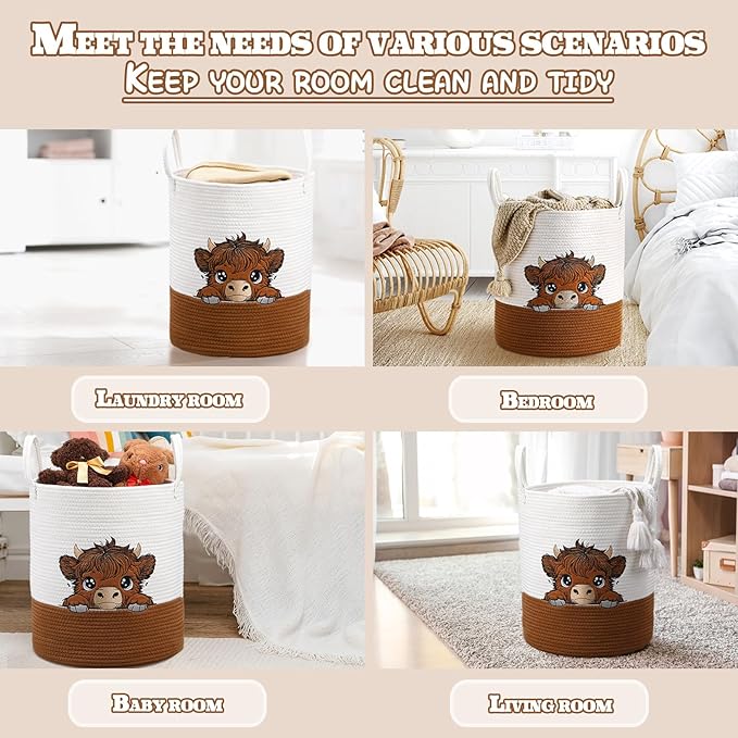 Honeydak Highland Cute Cow Laundry Hamper Brown Tall Cotton Rope Laundry Basket Hamper Large Cow Girly Nursery Basket Storage for Blanket Toys Clothes Organization in Bedroom Bathroom
