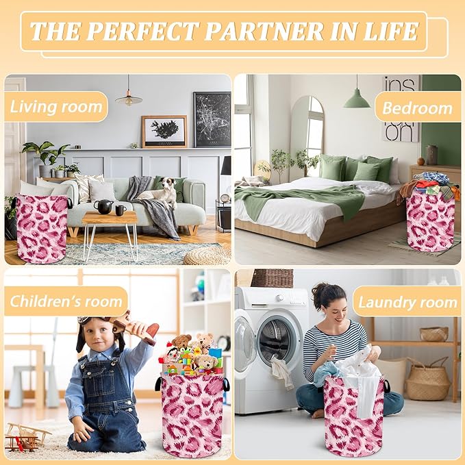Pink Leopard Print Laundry Basket, Animal Skin Laundry Hamper Foldable Waterproof Oxford Cloth Funny Tote Bag Dirty Clothes Storage Bucket Toy Organizer for Bathroom/Laundry/Bedroom 15.7"x19.6"
