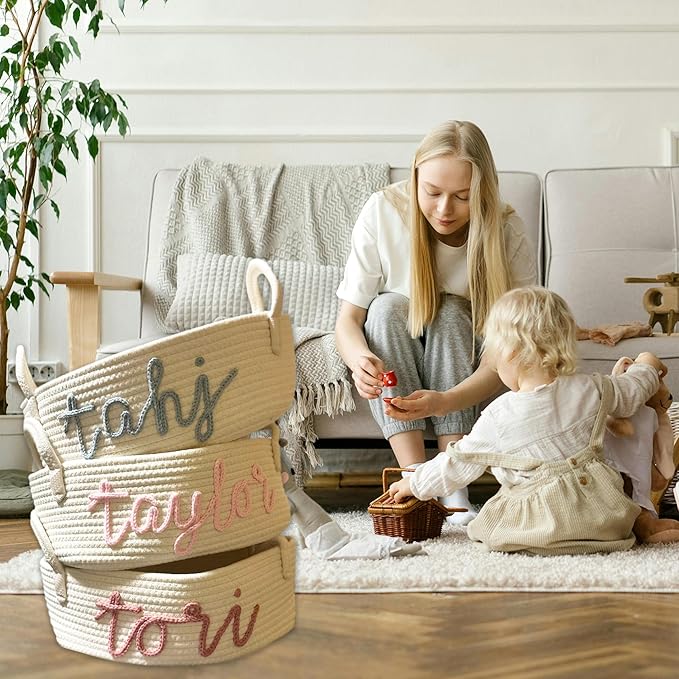 Personalized Baby Name Basket with Handles,Custom Diaper Caddy Cotton Rope Basket,Baby Stuff Organizer Storage Bin for Nursery Toy Room Bedroom Bathroom (M)