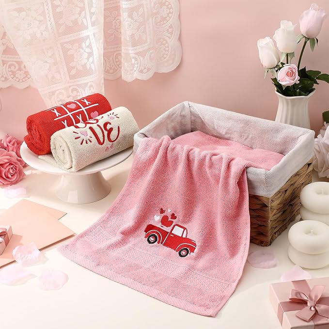 3 Pcs Valentine's Day Hand Towels for Bathroom Love Heart Embroidered Bathroom Towels Valentines Farmhouse 13.78 x 29.53 Inch Absorbent Soft Cotton for Kitchen Dish Fast Drying Decor