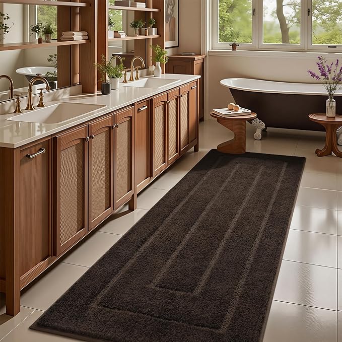 HOMORE Bathroom Runner Rugs 24x70 Non Slip Washable Long Bathroom Rug, Brown Absorbent Bath Rug Runner with TPR Backing, Soft and Thick Bath Mat for Shower Floor